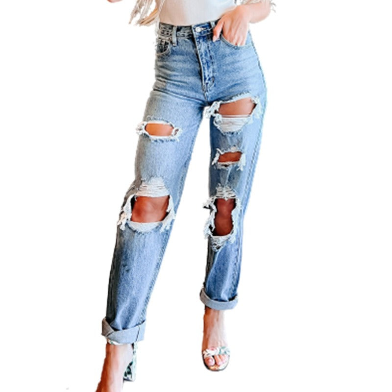 Women's Hight Waist Ripped Denim Pants.