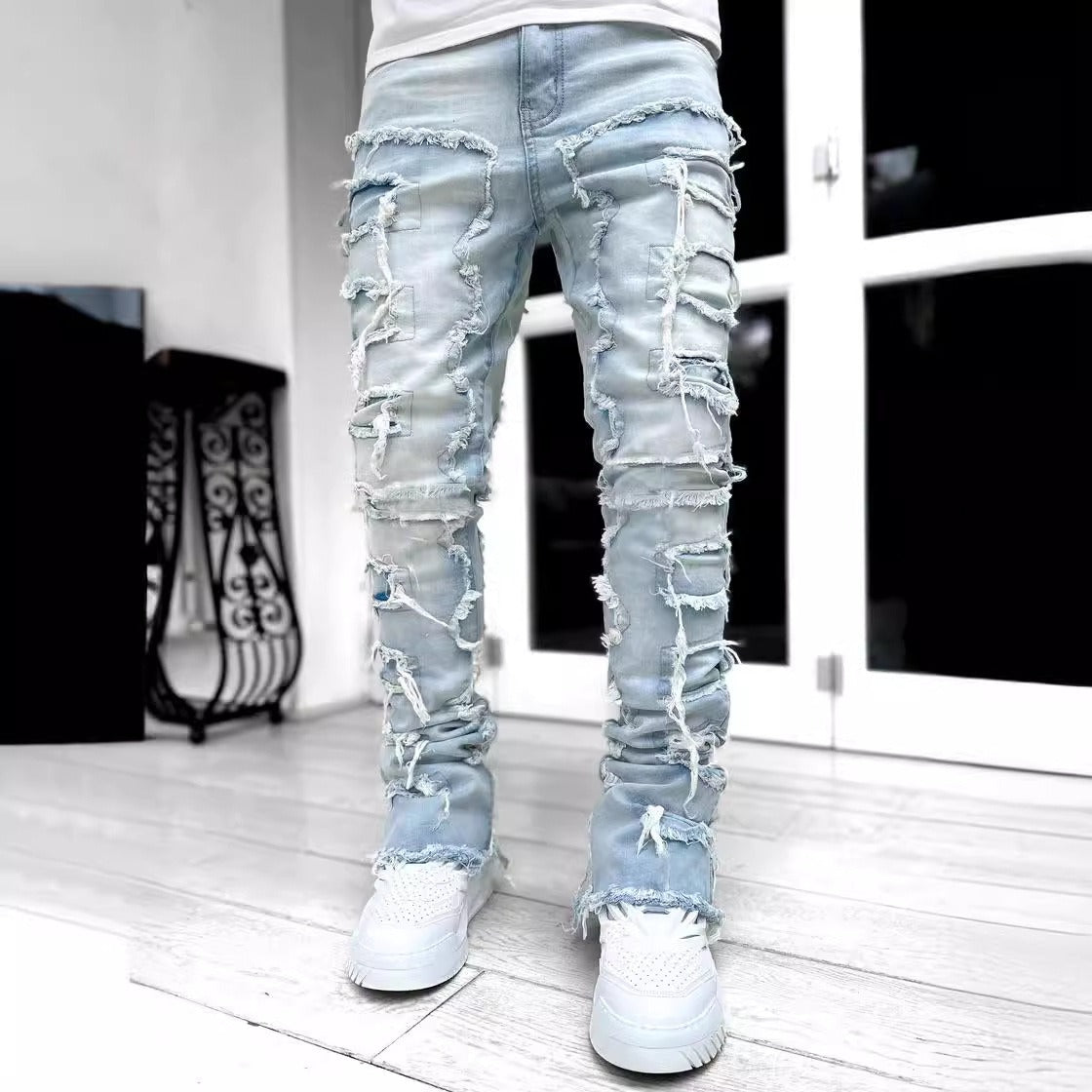 Men's denim straight leg pants.